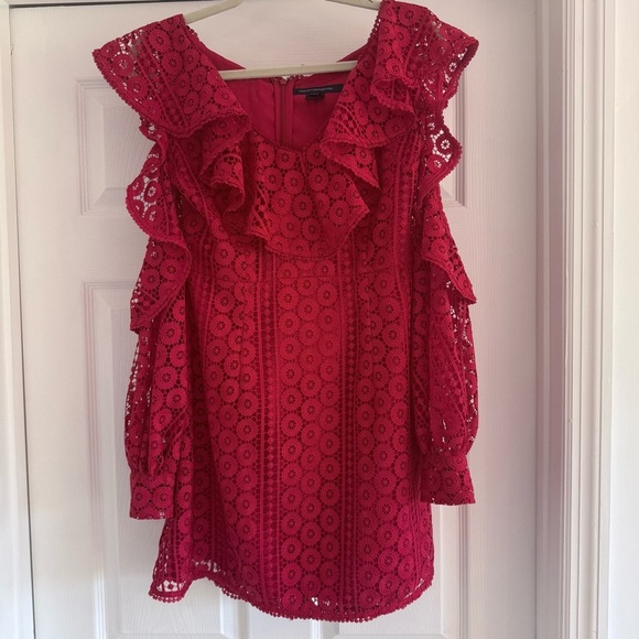 FRENCH CONNECTION Red Lace Ruffle Cold Shoulder Mini Dress Party Cocktail 8 - Picture 5 of 10